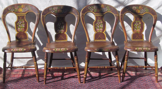 ANTIQUE WONDERFULLY PAINT DECORATED OHIO RIVER VALLEY SET OF FOUR CHAIRS