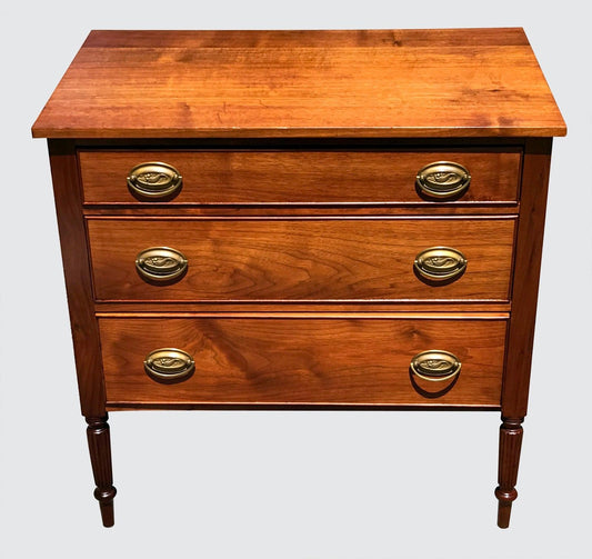 19th C. SHERATON STYLE CENTENNIAL CHERRY BACHELOR CHEST W/ FINE CORNUCOPIA BRASS