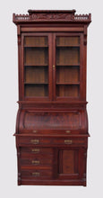 Load image into Gallery viewer, EXCELLENT VICTORIAN BLACK WALNUT CYLINDER ROLL TOP SECRETARY DESK