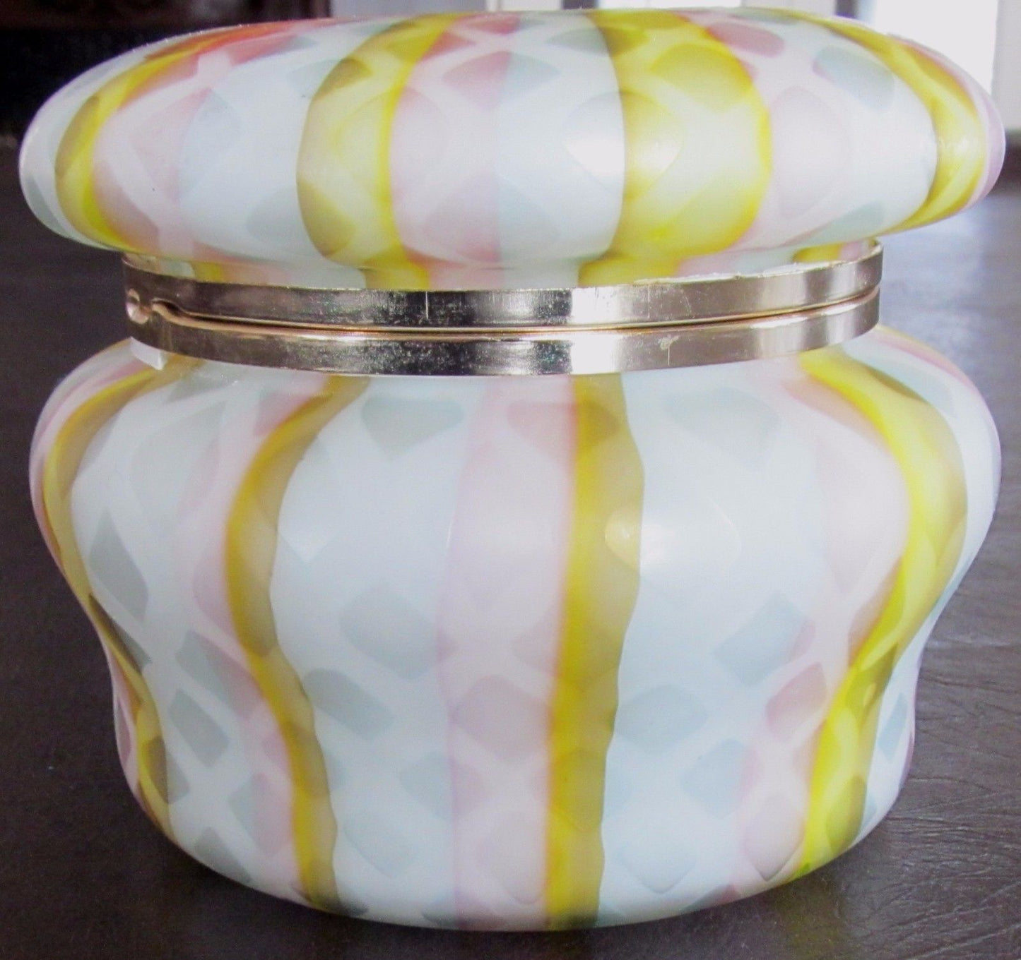 SANDWICH SATIN GLASS TRINKET BOX WITH COLORFUL SWIRLED PATTERNS