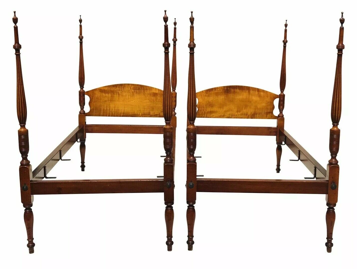 18th C Antique Pair Of Federal Period Tiger Maple Twin Beds