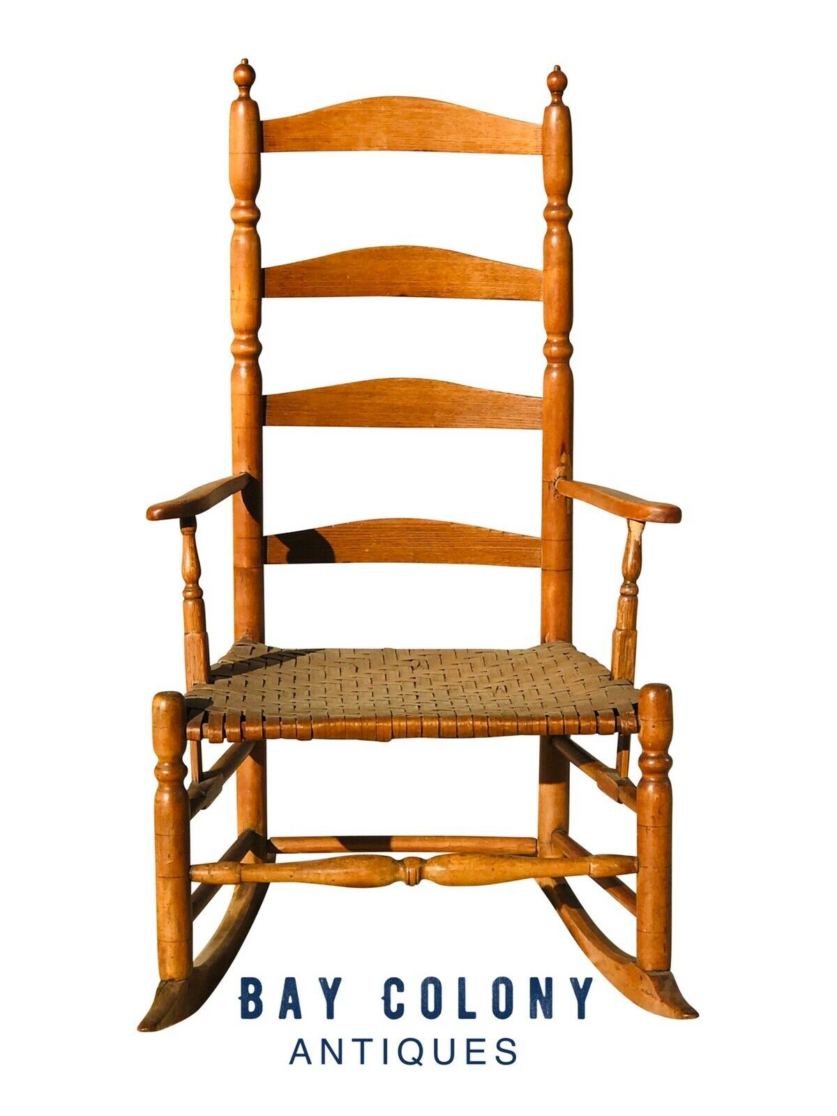 18TH C ANTIQUE QUEEN ANNE LADDER BACK ROCKING ARM CHAIR W/ SPLINT SEAT ...