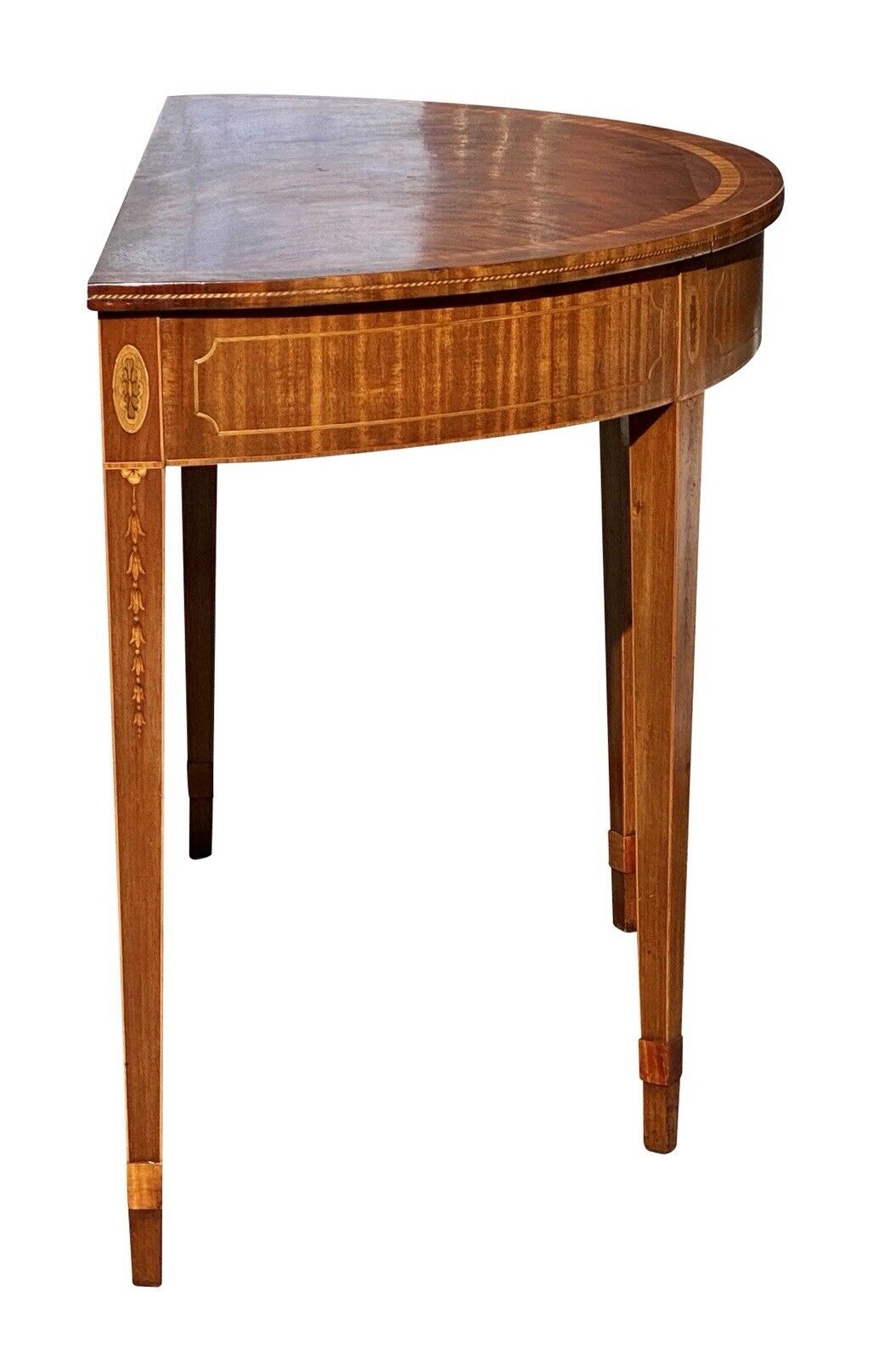 20th C Antique Mahogany Demilune Console Table W/ Satinwood Bellflower Inlays