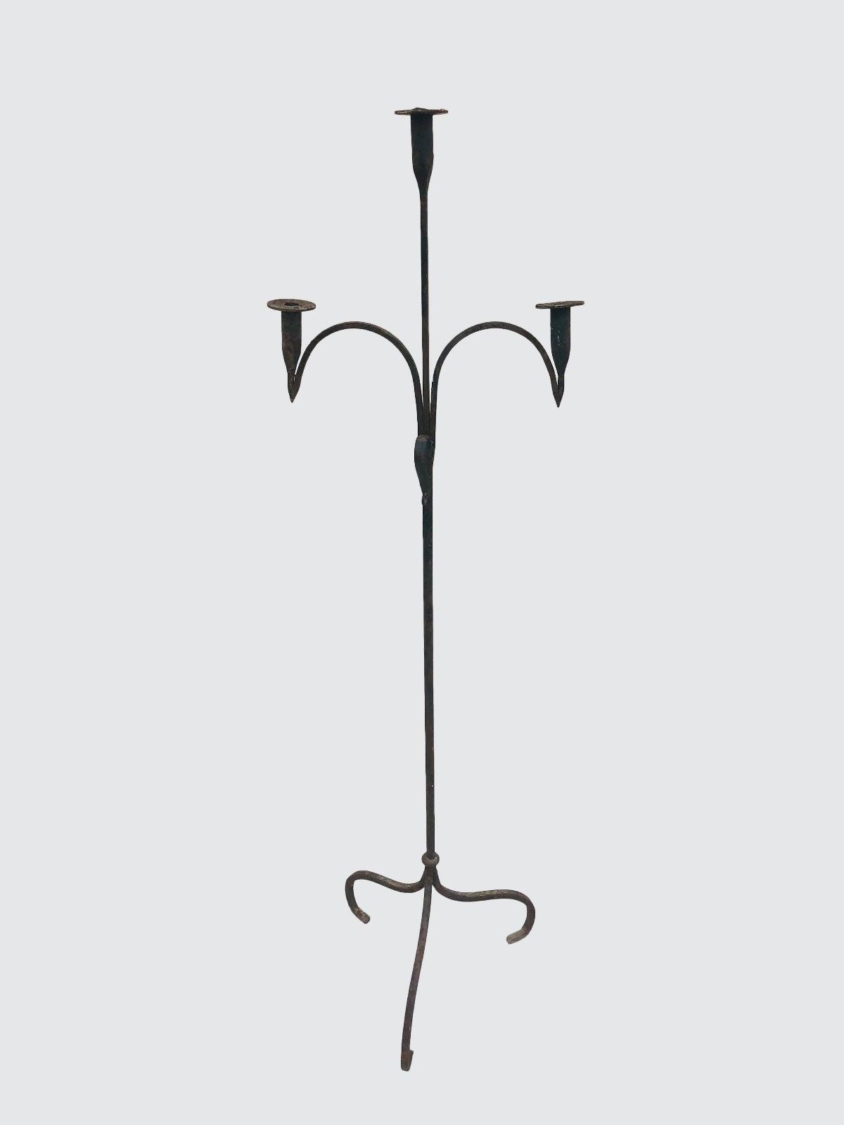 18TH CENTURY FEDERAL TRIPLE ARM RAT TAILED SPIDER LEG WROUGHT IRON FLOOR LIGHT