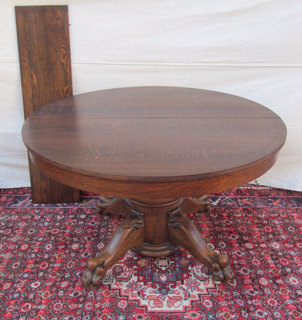 EXTRA CHOICE VICTORIAN TIGER OAK DINING TABLE WITH LION PAW BASE BY LARKIN