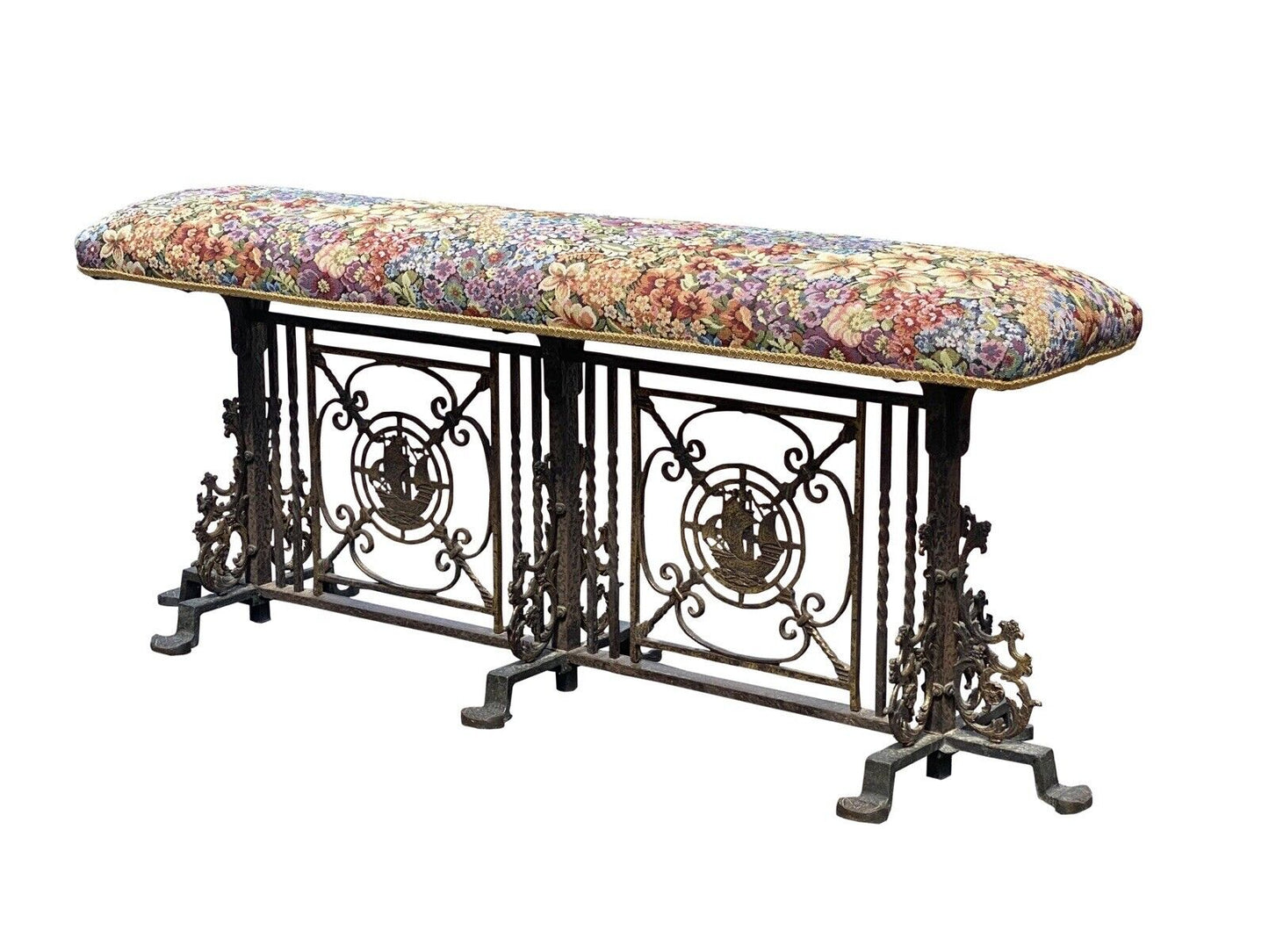 Arts & Crafts Wrought Iron & Bronze Window Bench With Nautical Ships- Oscar Bach