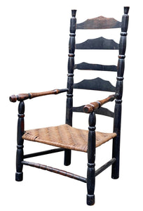 18th C Antique New England Queen Anne Black Painted Ladder Back Armchair