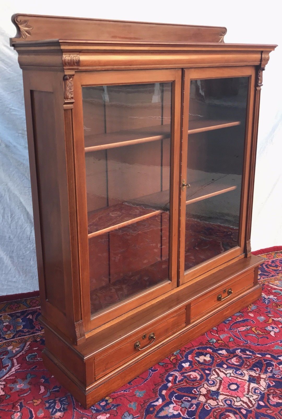 VICTORIAN WALNUT CARVED DOUBLE DOOR BOOKCASE ON 2 DRAWER BASE-SUPER FINE PIECE!