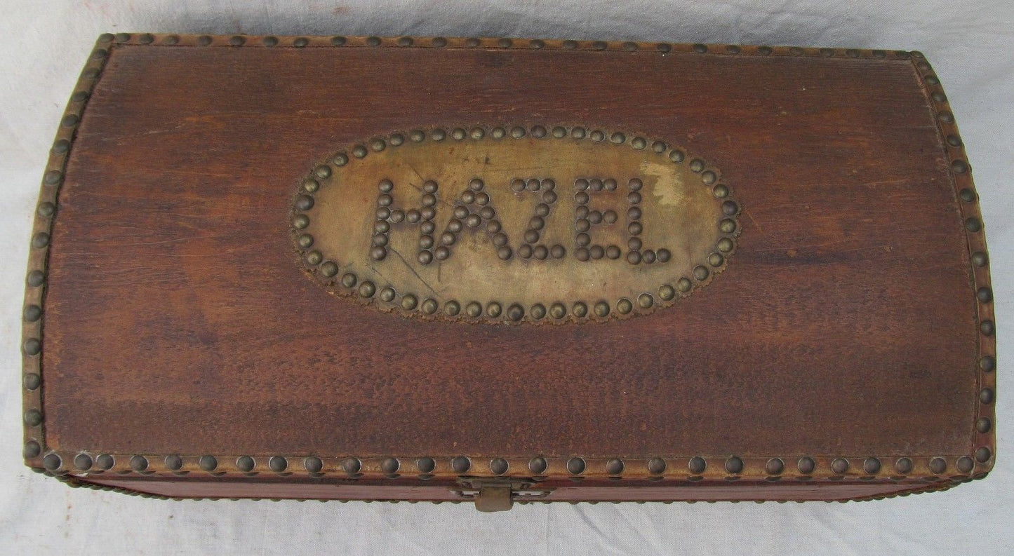 19TH CENTURY DOME TOPPED STAGE COACH BOX DECORATED WITH "HAZEL" IN BRASS TACT