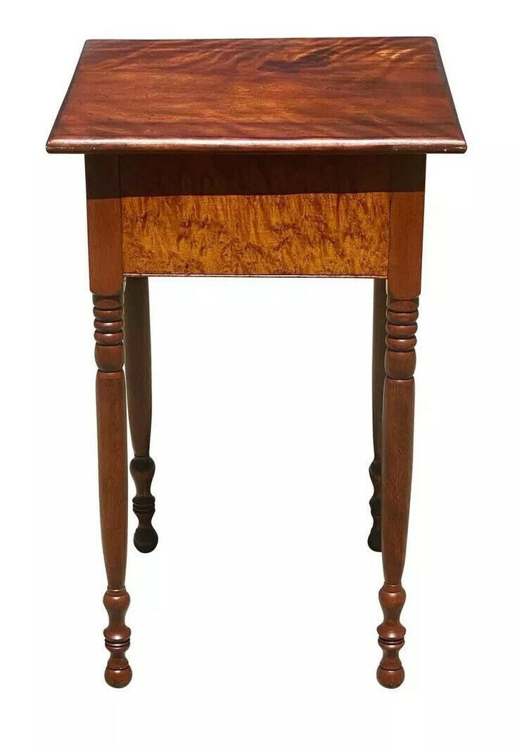 19TH C ANTIQUE SHERATON CHERRY & BIRDS EYE MAPLE WORK TABLE / NIGHTSTAND