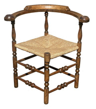 Load image into Gallery viewer, 18TH C ANTIQUE QUEEN ANNE TIGER MAPLE ROUNDABOUT / CORNER CHAIR W/ RUSH SEAT