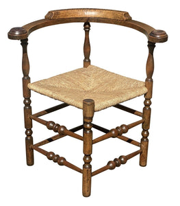 18TH C ANTIQUE QUEEN ANNE TIGER MAPLE ROUNDABOUT / CORNER CHAIR W/ RUSH SEAT