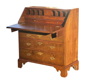 20th C Chippendale Antique Style Tiger Maple Slant Lid Desk With Hidden Drawer