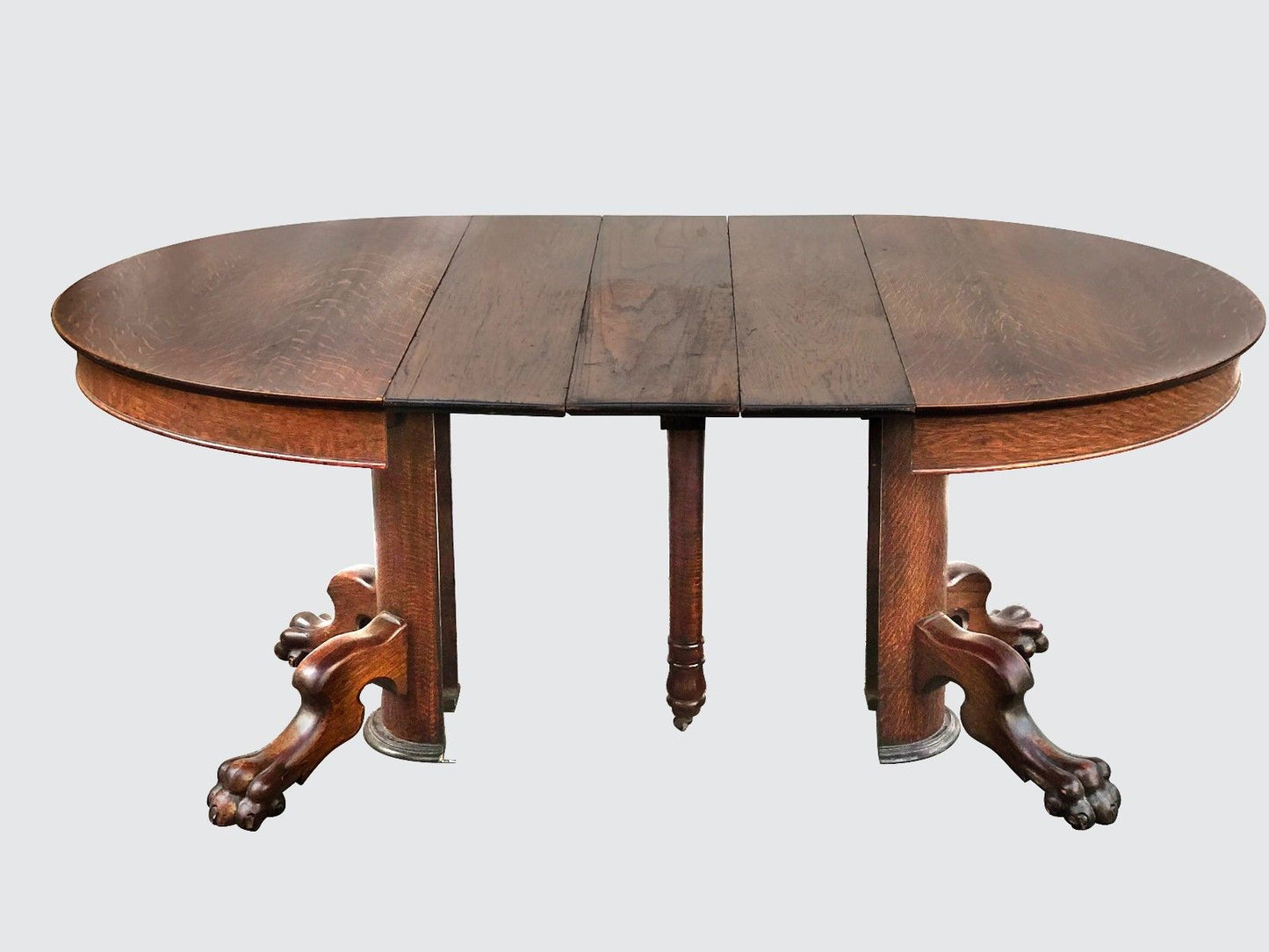 VICTORIAN TIGER OAK DINING TABLE WITH LION PAW BASE & 3 LEAVES-POSSIBLY HASTINGS