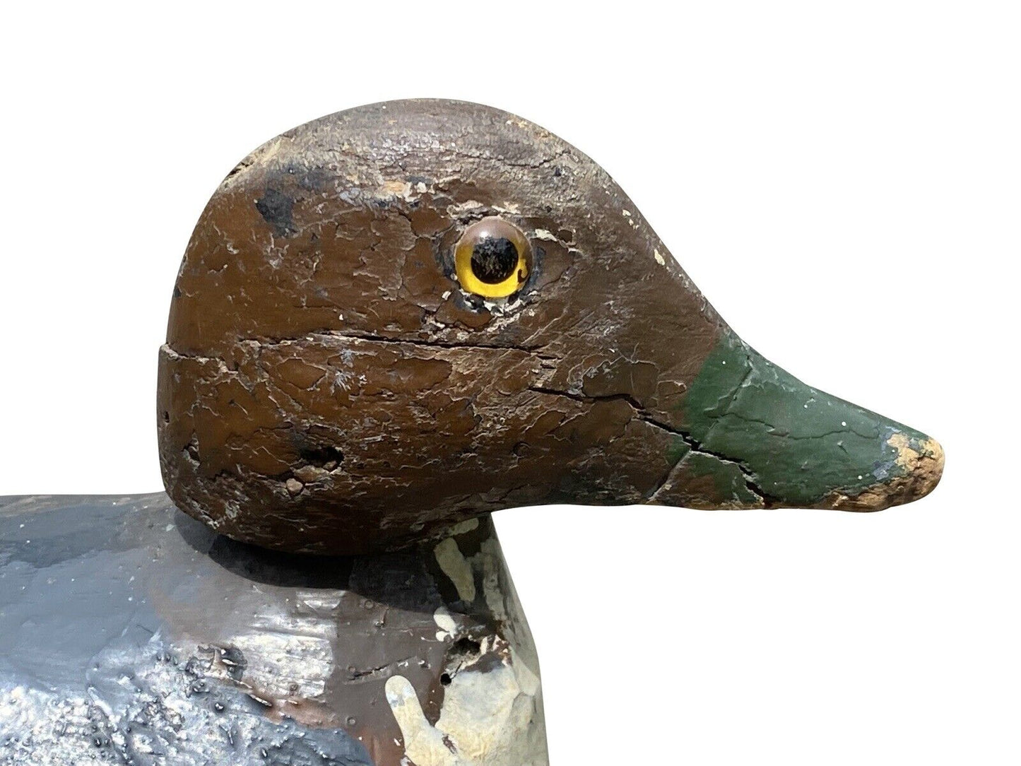 20th C Antique Carved & Painted Wood Mallard Duck Hunting Decoy - Glass Eyes