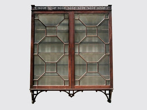 19TH C ANTIQUE MAHOGANY CENTENNIAL CHINESE CHIPPENDALE FRETWORK WALL CABINET