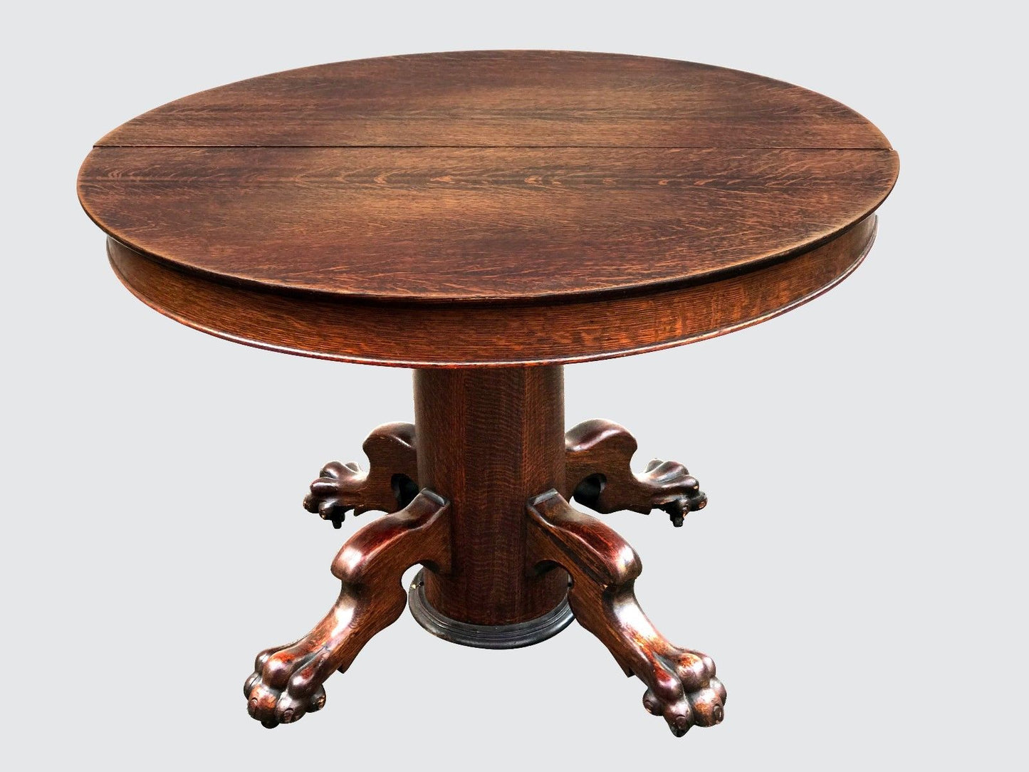 VICTORIAN TIGER OAK DINING TABLE WITH LION PAW BASE & 3 LEAVES-POSSIBLY HASTINGS