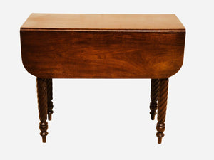 19TH C ANTIQUE SHERATON MAHOGANY CARVED ROPE LEG DROP LEAF DINING TABLE