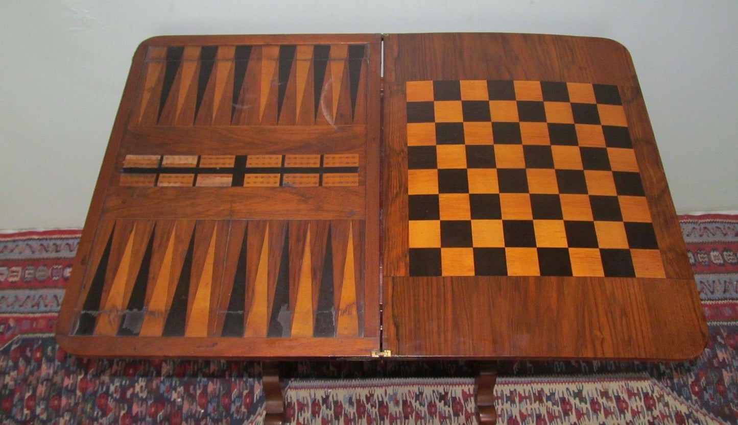 ANTIQUE BURLED WALNUT INLAID GEORGIAN SOW BELLY GAME TABLE