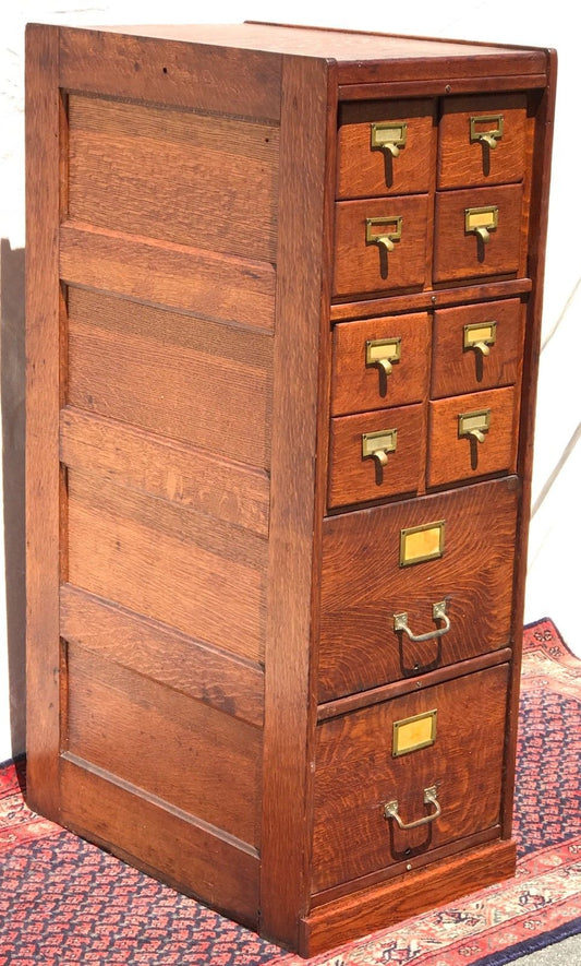 ANTIQUE MISSION RAISED PANELED OAK FILE CABINET IN RARE 8 OVER 2 DRAWER FORMAT