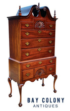 Load image into Gallery viewer, 20TH C CHIPPENDALE ANTIQUE STYLE MAHOGANY BONNET TOP HIGHBOY DRESSER / CHEST