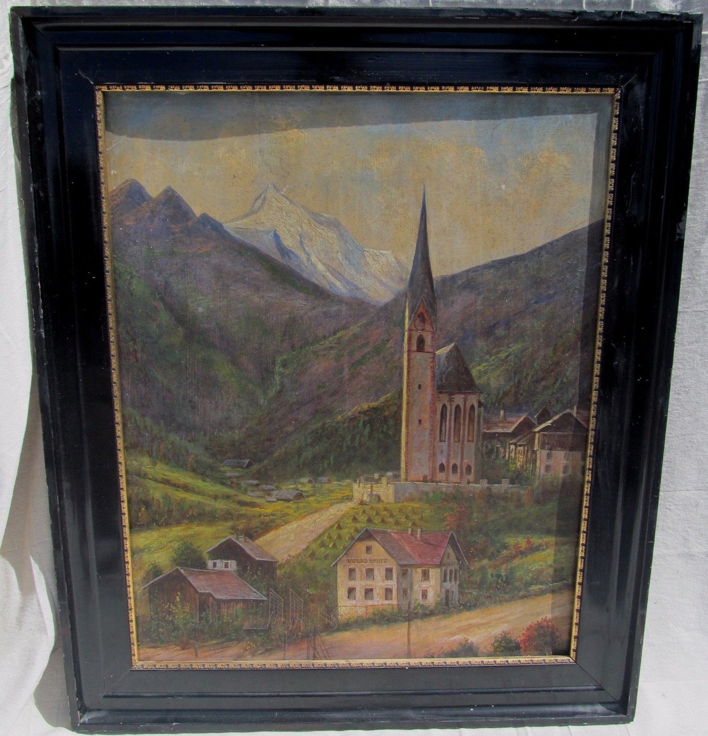 19th CENTURY OIL ON CANVAS AUSTRIAN LANDSCAPE OF THE VILLAGE OF HEILIGENBLUT