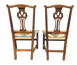 18th C Antique Pair Of Chippendale Side Chairs With Rush Seat & Heart Carving