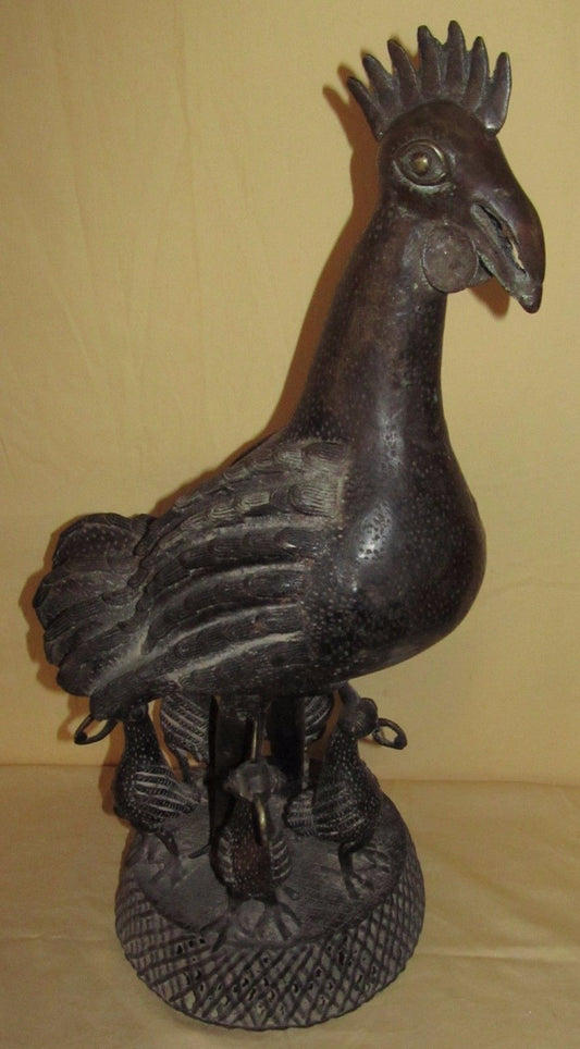 BENIN AFRICAN MIXED METAL STATUE DEPICTING ROOSTER WITH 5 CHICKS