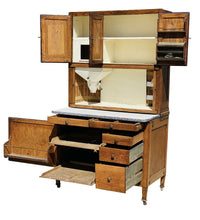 Load image into Gallery viewer, 20TH C ANTIQUE 1920&#39;S OAK HOOSIER CABINET W/ PORCELAIN ENAMEL TOP &amp; FLOUR SIFTER