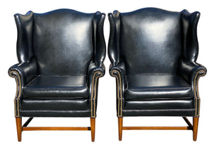 20TH C PAIR OF CHIPPENDALE ANTIQUE STYLE BLACK LEATHER WING BACK ARM CHAIRS