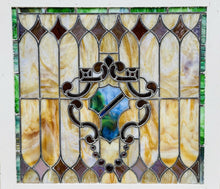 Load image into Gallery viewer, 19TH C ANTIQUE VICTORIAN MULTI COLOR STAINED GLASS WINDOW ~ HERALDRY DESIGN