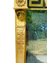 Load image into Gallery viewer, 19TH C ANTIQUE VICTORIAN EGYPTIAN REVIVAL 3 PANEL GOLD GILT OVER MANTLE MIRROR