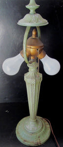 ART NOUVEAU CURVED SLAG GLASS LAMP IN ORIGINAL VERDIGRIS PAINT SIGNED RAINAUD