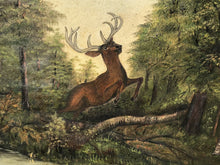 Load image into Gallery viewer, 19TH C OIL ON CANVAS NATURALIST ANTIQUE LANDSCAPE PAINTING ~ DEER HUNTING SCENE