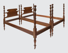 Load image into Gallery viewer, FINE PAIR OF TIGER MAPLE PINEAPPLE CARVED TWIN BEDS BY ISRAEL SACKS FURNITURE CO