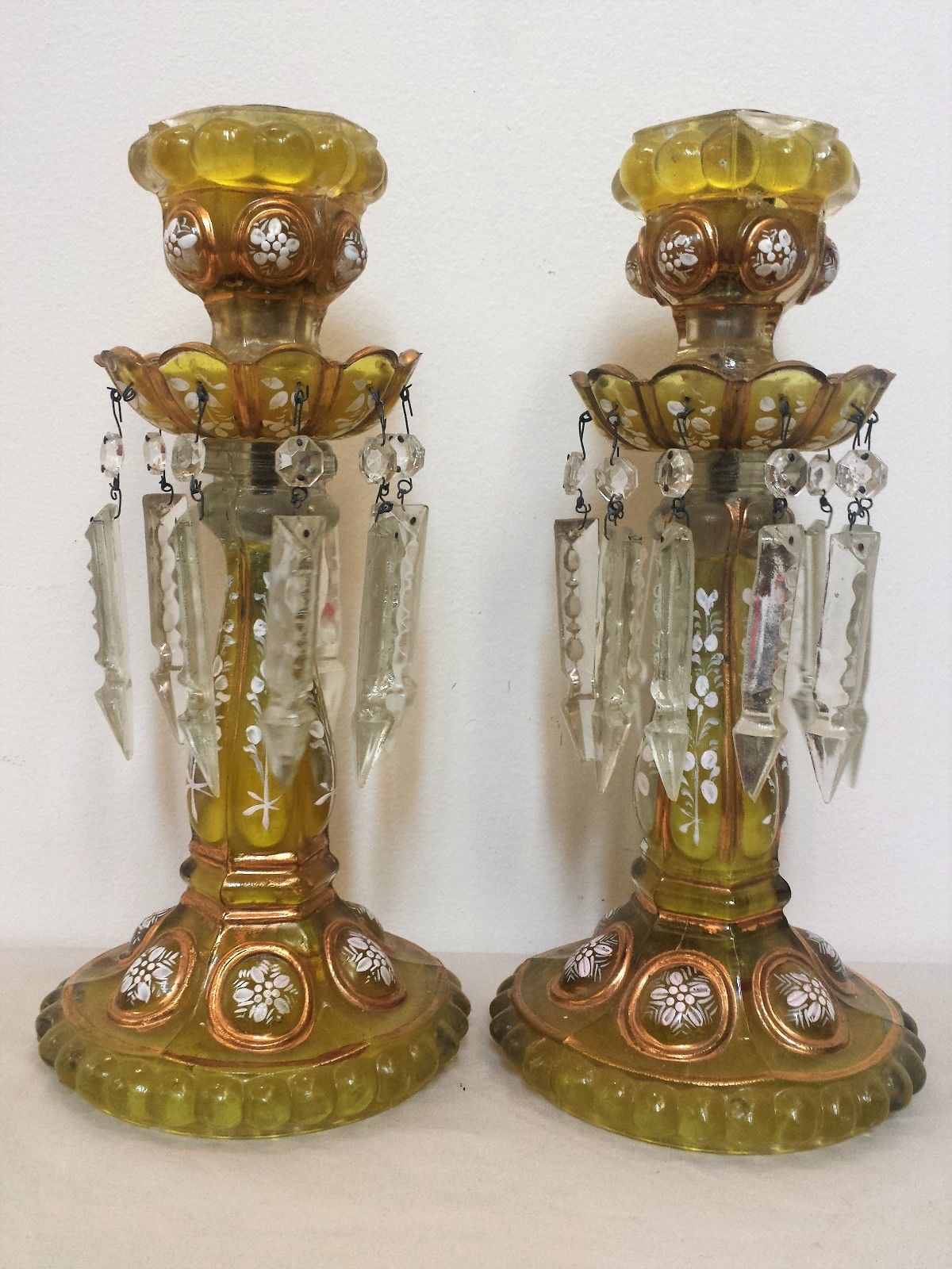 PAIR OF ANTIQUE OPALINE GLASS LUSTERS WITH FACETED CRYSTAL PRISMS & ENAMEL WORK