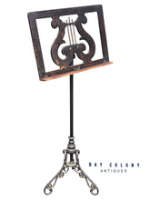 Load image into Gallery viewer, 19TH C ANTIQUE OAK &amp; IRON LYRE SHAPE ADJUSTABLE VICTORIAN MUSIC STAND