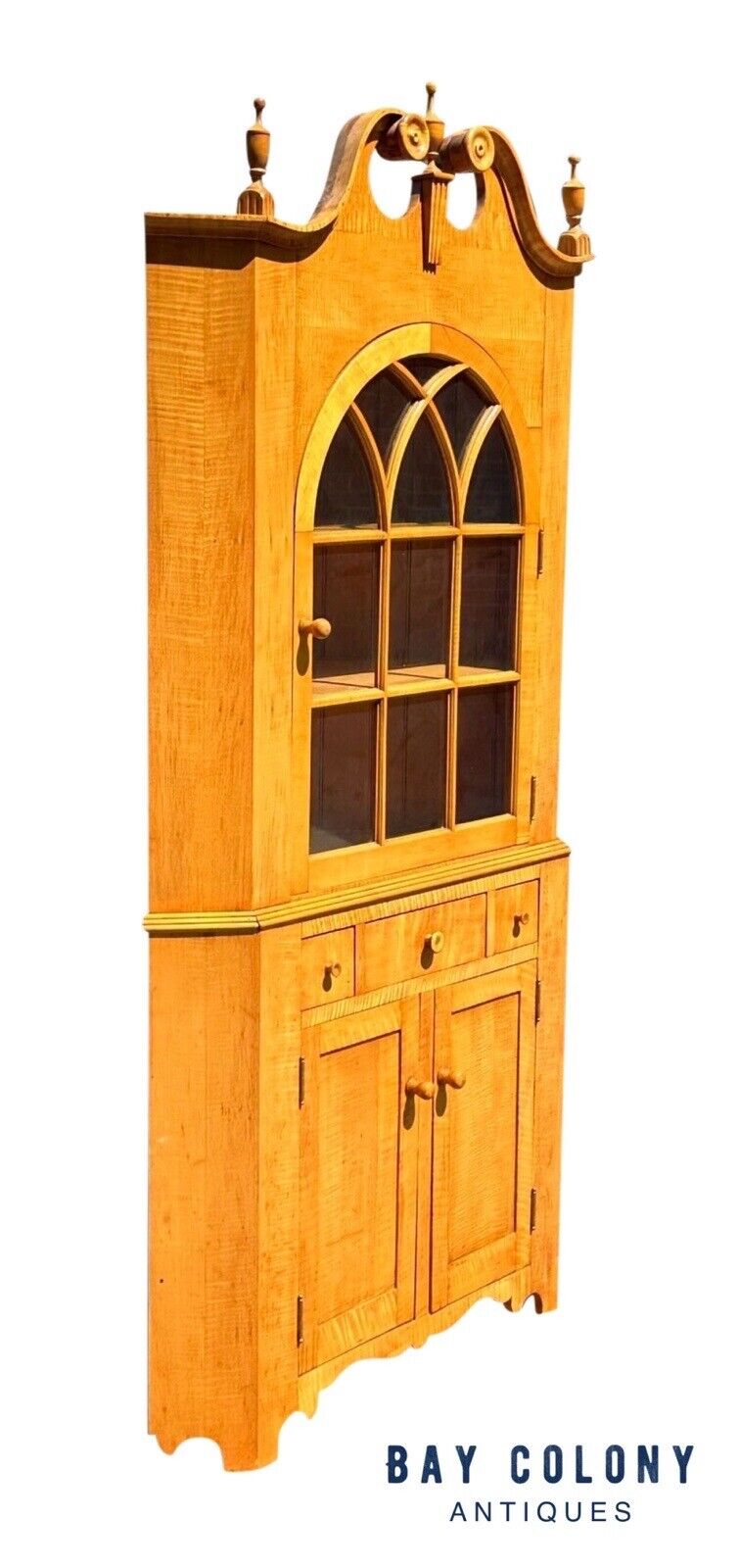 Federal Style Tiger Maple Two Piece Corner Cabinet With Arched Door & Bold Grain