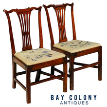 Load image into Gallery viewer, 18TH C PAIR OF ANTIQUE MAHOGANY CHIPPENDALE NEEDLEPOINT SEAT SIDE CHAIRS