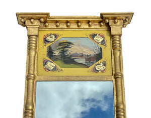 19th C Antique Federal Period Gold Tabernacle Mirror W/ Eglomise Painted Panel