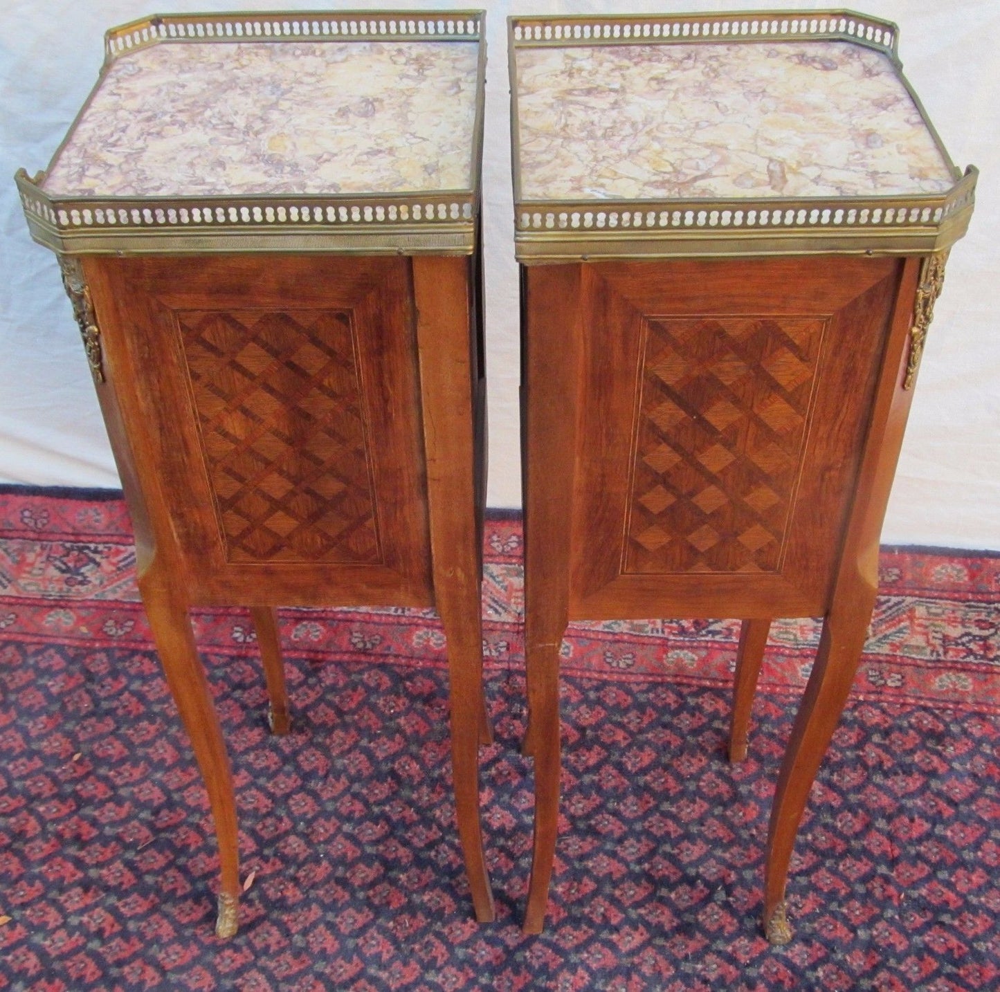 RARE SIZED DIMINUTIVE INLAID PAIR OF FRENCH LOUIS XVI CARRERA MARBLE TOPPED NIGH