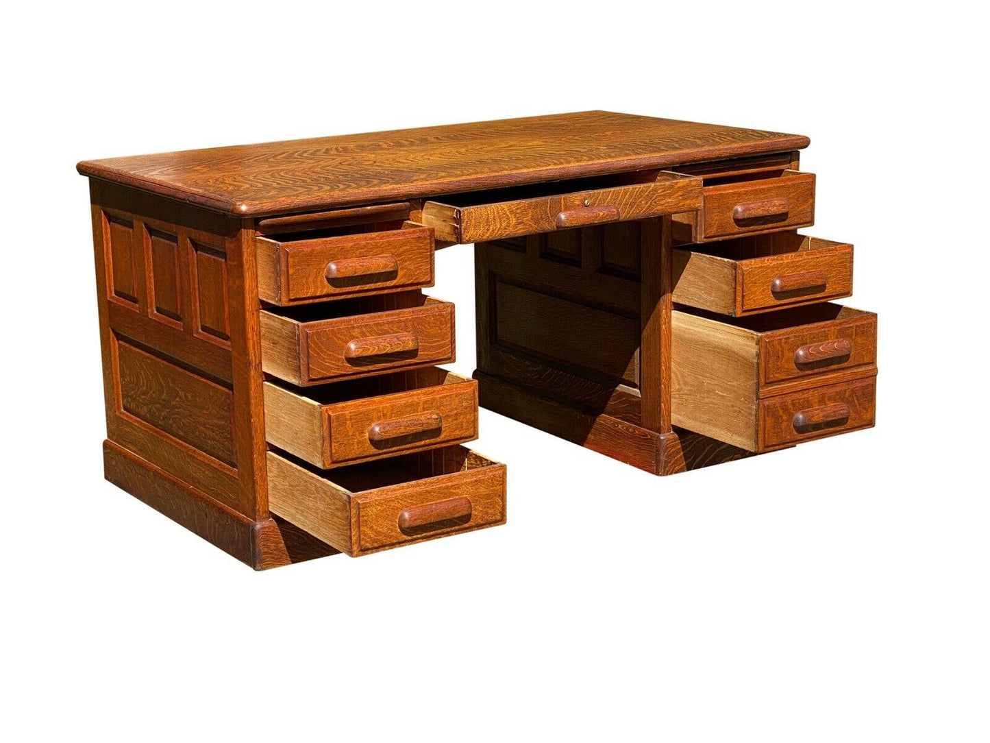 19TH C ANTIQUE VICTORIAN DOUBLE BANK 5 FOOT TIGER OAK OFFICE DESK