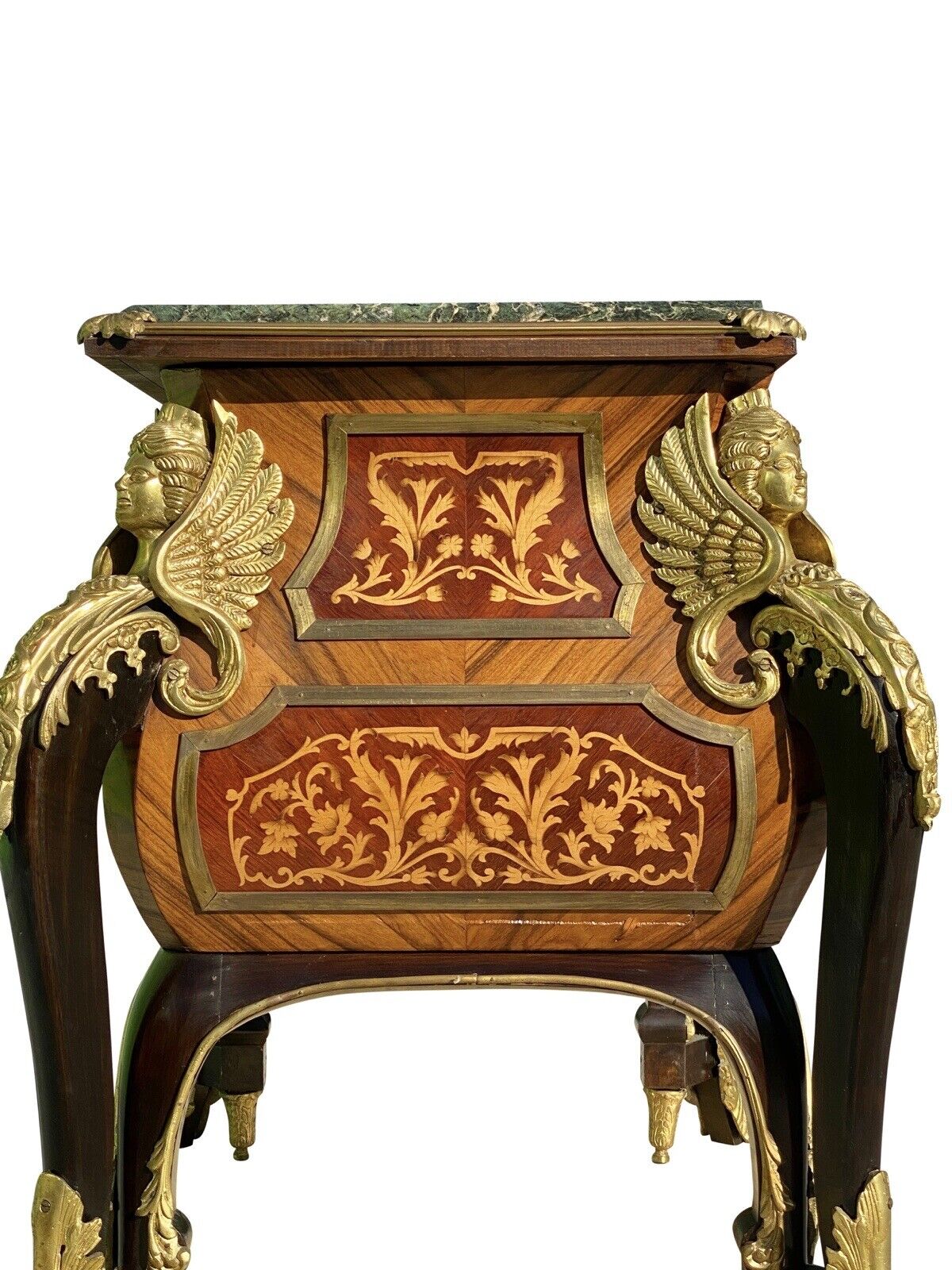 French Louis Xiv Style Walnut Marble Top Bombe Commode With Fire Gilded Accents