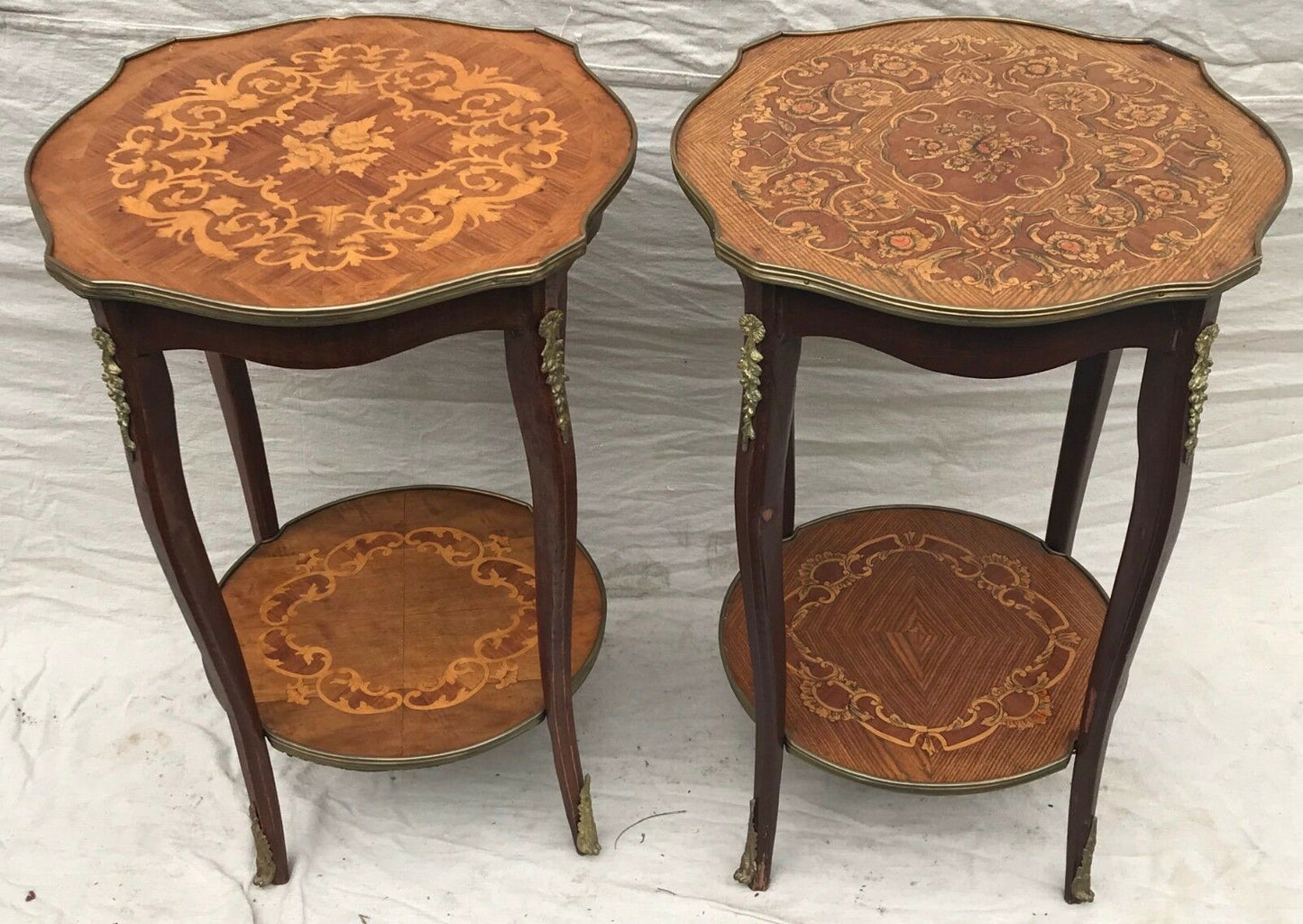 EARLY 20TH C FRENCH LOUIS XV STYLE MARQUETRY END TABLES W/ FLORAL BRASS MOUNTS