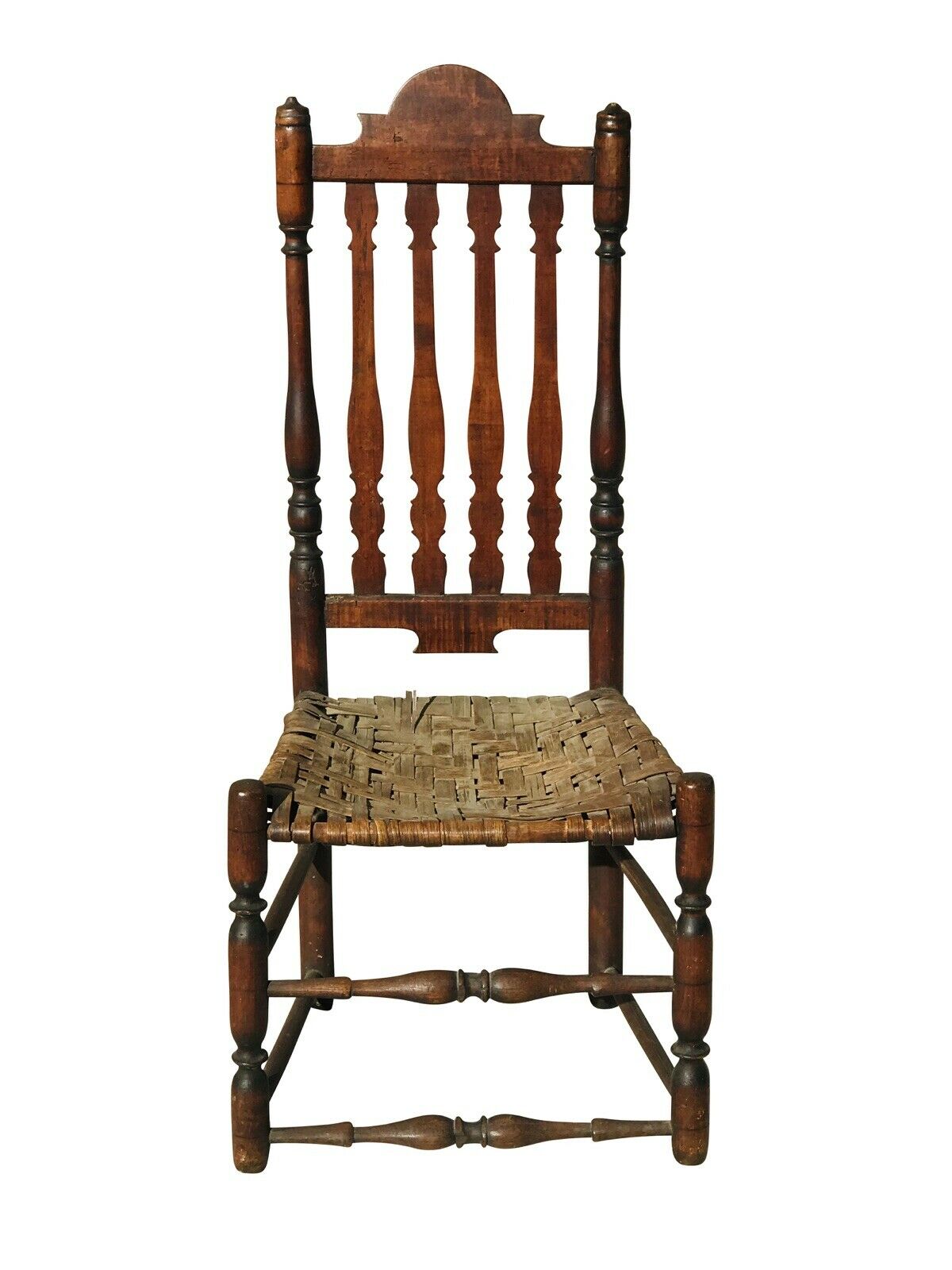 18TH C ANTIQUE COUNTRY PRIMITIVE WILLIAM & MARY TIGER MAPLE BANISTER BACK CHAIR