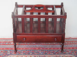 VINTAGE CHIPPENDALE STYLE MAHOGANY CANTERBURY WITH DRAWER