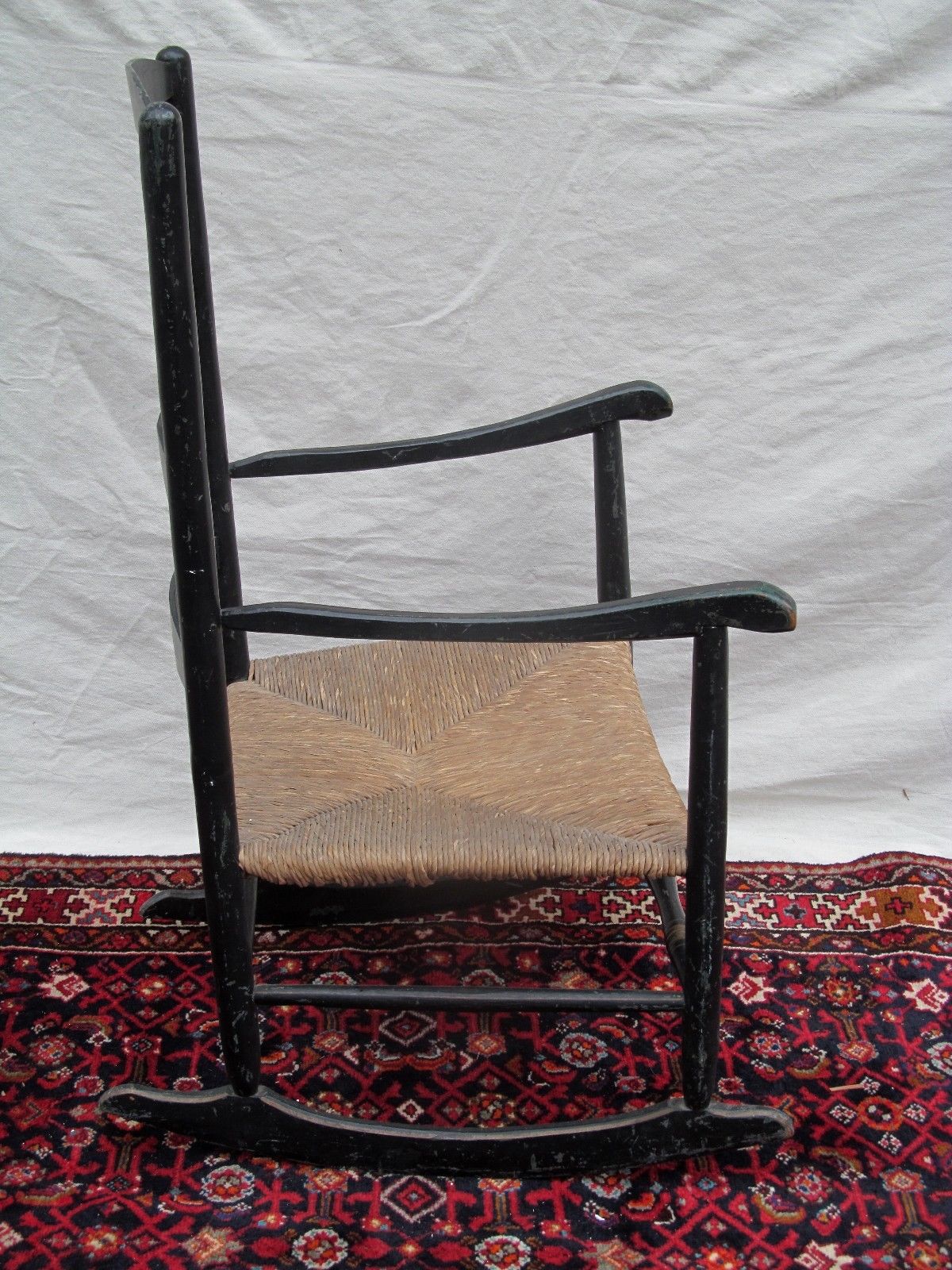 18th CENTURY QUEEN ANNE PERIOD ROCKING ARM CHAIR IN ORIGINAL BLACK PAINT