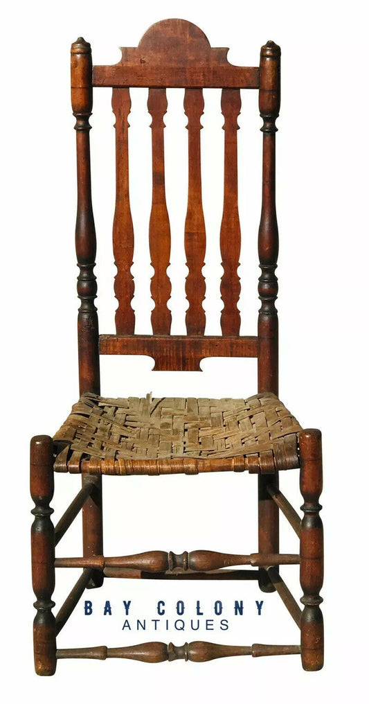 18TH C ANTIQUE COUNTRY PRIMITIVE WILLIAM & MARY TIGER MAPLE BANISTER BACK CHAIR