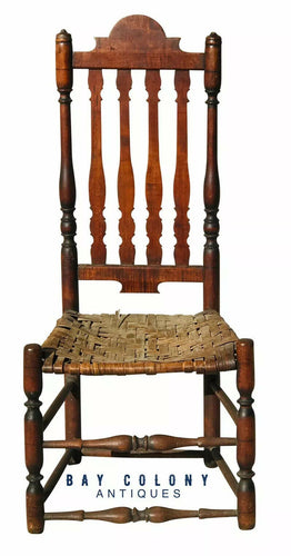 18TH C ANTIQUE COUNTRY PRIMITIVE WILLIAM & MARY TIGER MAPLE BANISTER BACK CHAIR