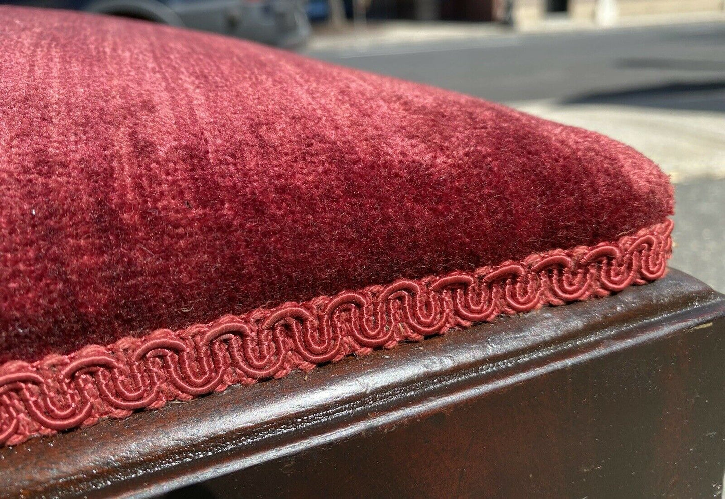 19th C Antique American Empire Mahogany Vanity Bench W/ Red Velvet Seat